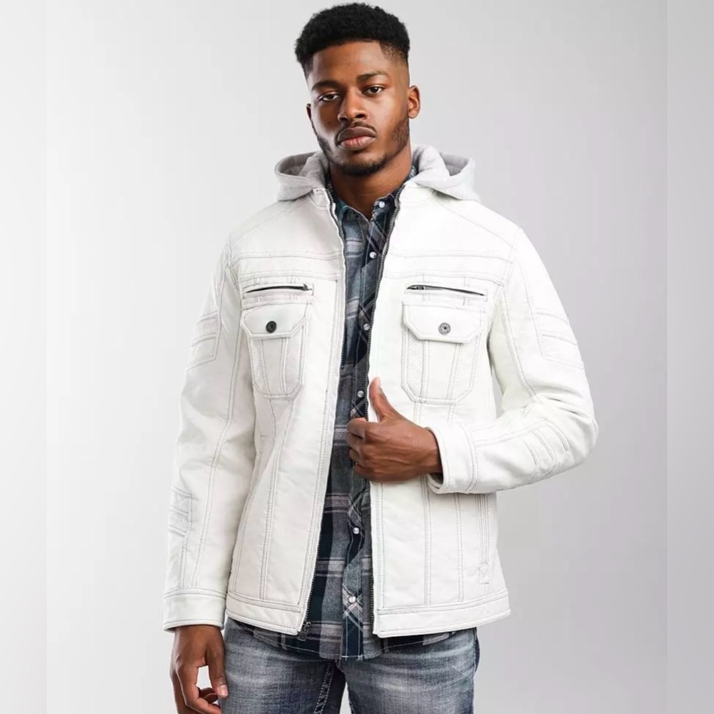 Buckle Black white faux leather hooded coat size large